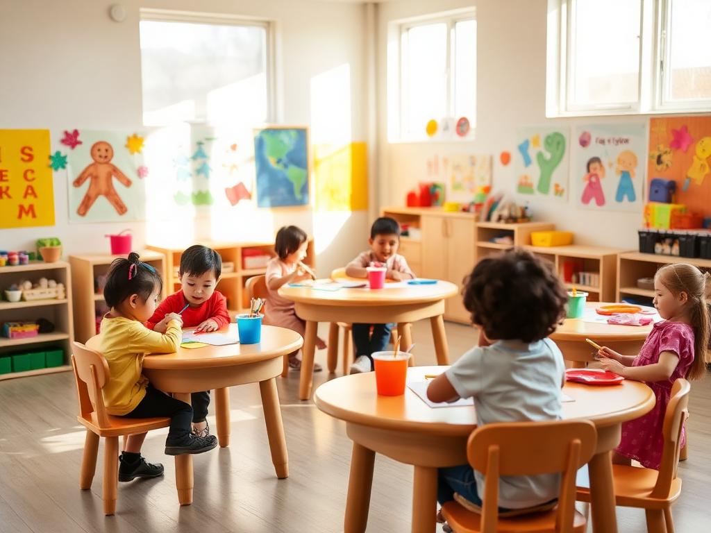 Children painting at small tables in a bright FutureNest classroom