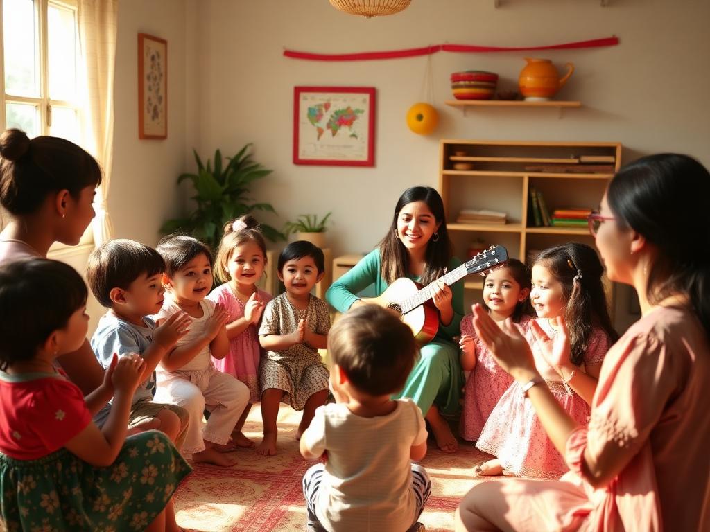 Children singing and clapping with a teacher playing guitar