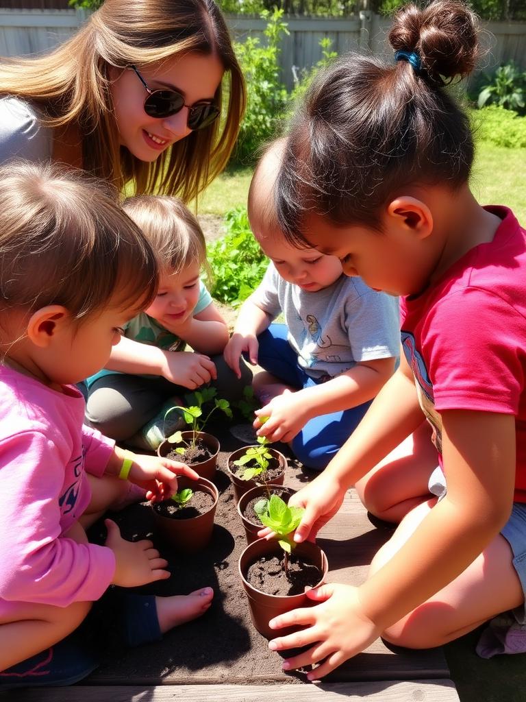 Children gardening and planting with a teacher outdoors
