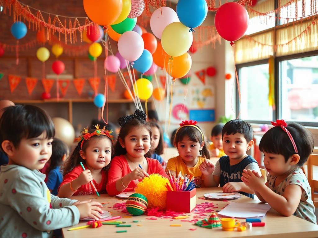 Children celebrating a festival day with crafts and balloons